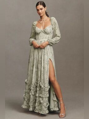 V. Chapman
Carmella Long-Sleeve Corset Side-Slit Chiffon Maxi Dress